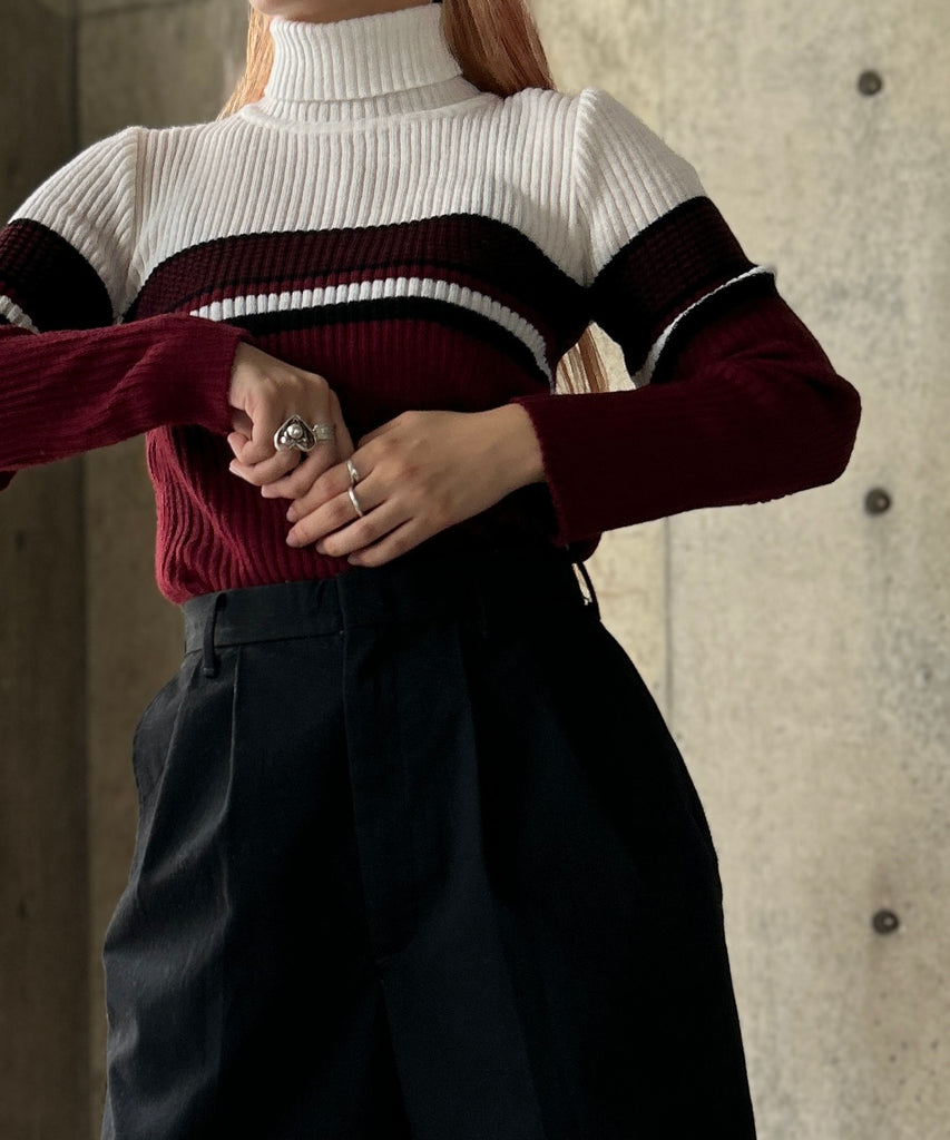 yoused 90s  Harbour border ロング丈 Border High Neck Rib Knit – H アッシュ