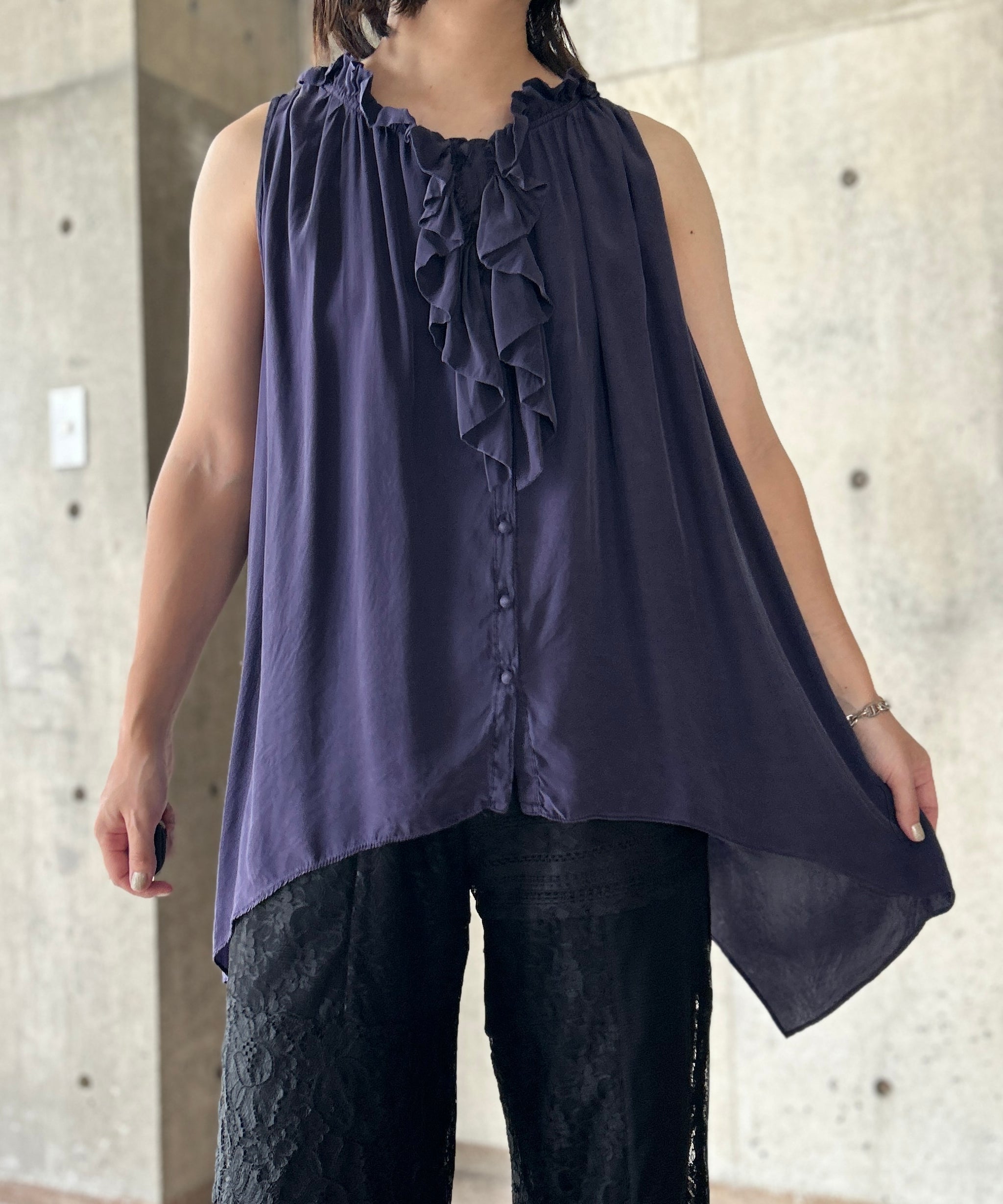 h.naoto トップス FRILL トップス 半袖 FRILL Puff Sleeve Button Cutsew (short sleeve) by h.NAOTO
